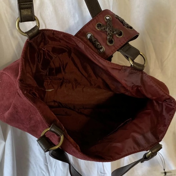New Faded Glory Red Berry Suede Tote Purse Handbag Double Brown Handles - Picture 9 of 9